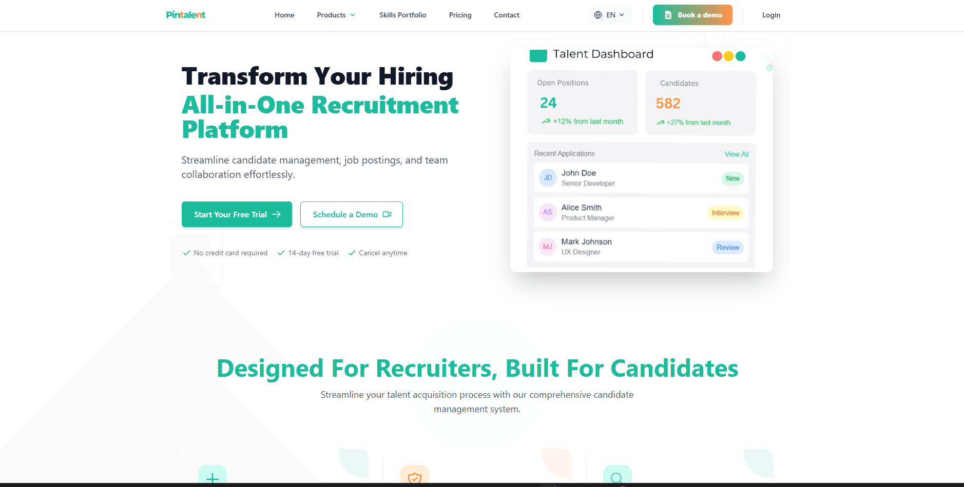 PinTalent — All-in-One Recruitment Platform Landing Page